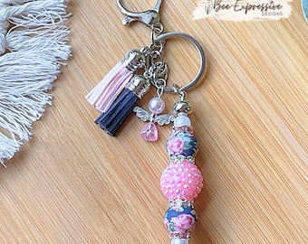 Handmade Beaded Keychain: Rhinestone, Faux Pearl, Angel Charm