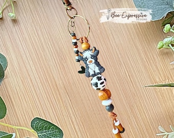 Cow Keychain or Bag Accessory: Beaded Tassel with Heart Charm, Wood and Silicone Beads
