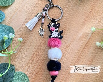 Handmade Cow Keychain: Furry Beads, Flower Charm, Beaded Tassel