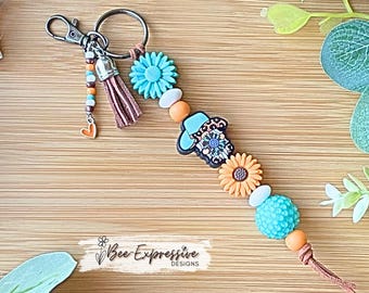Handmade Western Gnome Keychain: Beaded Tassel with Heart Charm