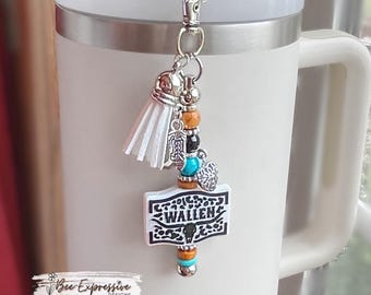 Handmade, Wallen, charm chain for the tumbler!  Swivel clasp with a beaded bar, acrylic & wood beads, spacers, tassel, boot and heart charms