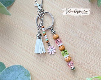 Handmade, Wood Beaded Keychain: Transparent Beads, Swivel Clasp, Daisy Charm