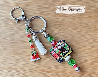 Handmade Teacher Christmas Keychain: Snowflake, Tree Charm & Beaded Tassel