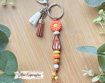 Handmade Sunflower Gnome Keychain: Silicone Beads, Suede Cord