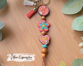 Handmade Boho Floral Keychain: Silicone Beads, Tassels, Suede Cord