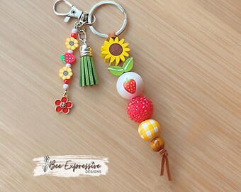 Sunflower Strawberry Beaded Keychain: Gingham, Wood & Acrylic Charm