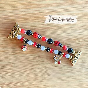 Handmade Lady Bug Beaded Watch Bracelet: Gold Toned, Custom Size for Apple Watches