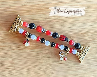 Handmade Lady Bug Beaded Watch Bracelet: Gold Toned, Custom Size for Apple Watches