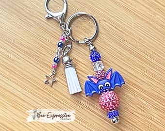 Handmade, Halloween Bat Keychain: Rhinestone, Bayberry Beads & Star Tassel