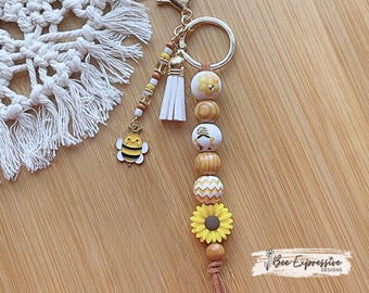 Handmade Bee Gnome, Sunflower Keychain: Bumble Bee Charm, Wood Beads, Beaded Tassel