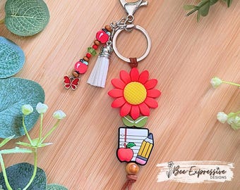 Teacher Keychain: Daisy, Apple Beads, Butterfly Charm, Beaded Tassel