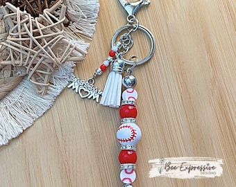 Handmade Baseball Keychain: Wood Beads, Rhinestone Spacers, Baseball Mom Charm