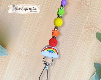 Handmade, Rainbow and Stars Lanyard: Beaded silver spacers, Multi Color, Breakaway Clasp