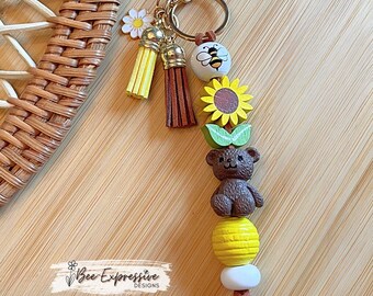 Handmade Honey Bear Keychain: Wood Sunflower, Bee, Daisy Charm, Custom Clasp