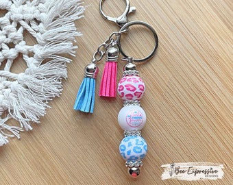 Handmade, Best Friend chunky beaded keychain! Lobster clasp, metal bar, rhinestone spacers, 20” acrylic beads, animal print2 suede tassels