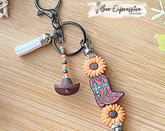 Handmade Beaded Keychain: Boot, Sunflower, Cowboy Hat Tassel