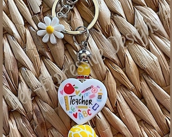 Teacher Keychain: Daisy Charm, Heart Bead, Lobster Clasp