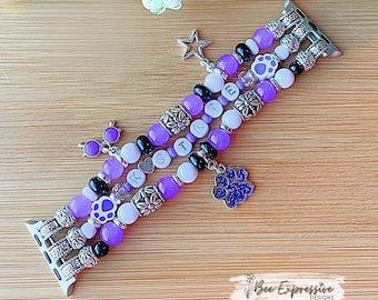 K-STATE Beaded Apple Watch Band: Purple Paw Charms, Custom Fit