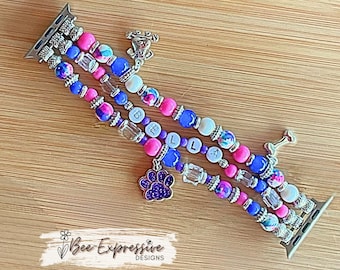 Personalized, Dog Name, Watch Bracelet: Dog Charms, Acrylic Beads, custom size for Apple watches