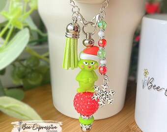 Handmade, Grinch Tumbler Charm: Beaded Tassel with Snowflake Charm