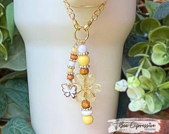 Beaded Daisy Tumbler Chain: Butterfly Charm, Acrylic Tassel