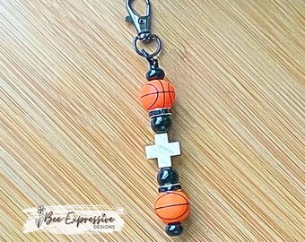 Handmade Silicone Basketball Keychain: Wood Cross & Rhinestone Accents