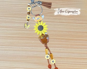 Handmade, Glass Bee and Honey Pot, Keychain: Sunflower, Beaded Tassel, Butterfly Charm