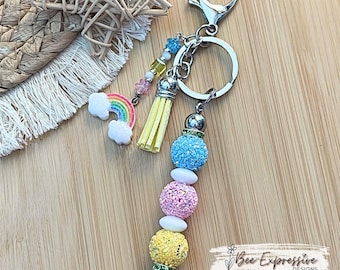 Handmade Rainbow Keychain: Glitter Beads, Rainbow Charm, Lobster or Swivel Clasp