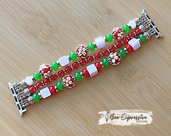 Handmade Beaded Apple Watch Bracelet: Glass Floral and Square Beads, Custom Size