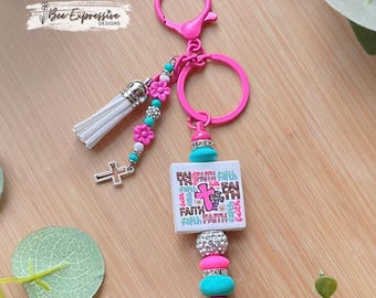 Handmade Faith Beaded Keychain: Rhinestone Accent, Flowers, Cross Charm