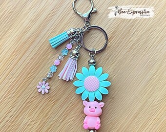 Handmade 3D Pig & Sunflower Keychain: Beaded Tassel, Pink Daisy Charm