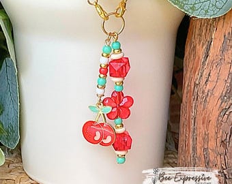 Handmade Cherry Tumbler Charm Chain: Acrylic Flower Beaded Tassel