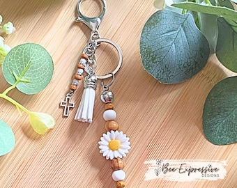 Handmade Sunflower Keychain: Wood & Silicone Beads, Cross Charm