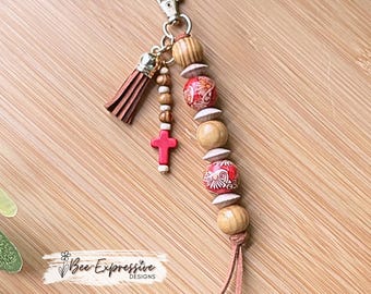 Handmade Wood Beaded Keychain Accessory: Wood Beads, Acrylic Cross, Tassel