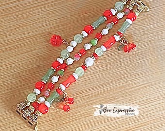 Handmade, Cherry Charms, Watch Bracelet: Glass Beads, Customized for Apple Watch Face