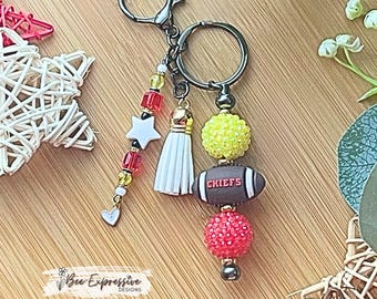Handmade Chiefs Football Beaded Keychain: Rhinestone Tassel Charm