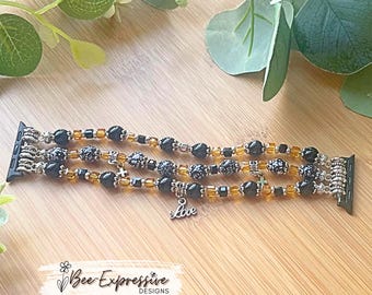 Handmade Beaded Watch Bracelet: Cross & LOVE Charms, Custom Size