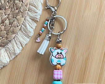 Cow Keychain with Beaded Tassel, Gingham Charm