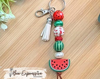 Handmade Watermelon Beaded Keychain: Swivel Clasp, Suede Cord