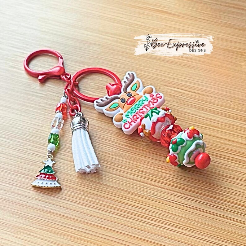 Handmade, Silicone REINDEER, Christmas Keychain Red Lobster Clasp, Bead