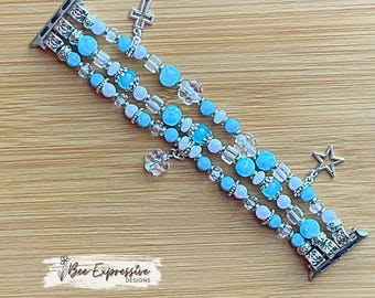 Handmade Beaded Apple Watch Bracelet: Blue, White, Silver Charms