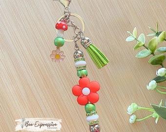 Red Daisy Keychain: Mushroom Bead, Tassel, Rhinestone Spacers