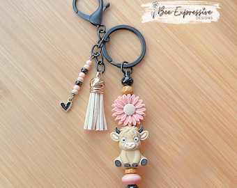 3D Cow Beaded Keychain: Beige Bull, Daisy Flower, Black Heart Charm