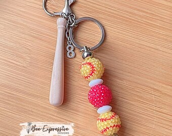 Softball Beaded Keychain: Wood Bat Charm & Custom Jersey Number