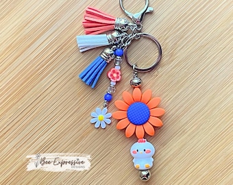 Handmade Chicken & Daisy Keychain: Beaded Tassel Charm