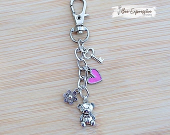 Handmade, Teddy Bear, Charm Chain: Pink, Heart, Teddybear, Charms