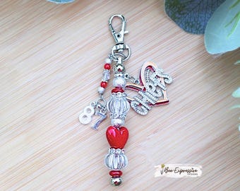 Custom Chiefs Football Beaded Charm Chain / Keychain, Rhinestone Studded, Acrylic Heart, Custom Jersey