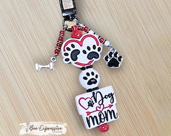 Handmade Dog Mom Bag Accessory or Keychain: Paw Print and Bone Charm, Rhinestone Accents