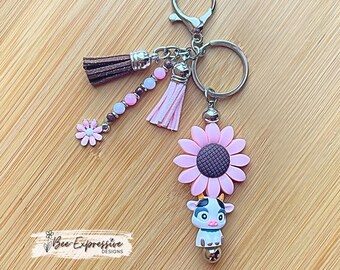Handmade 3D Cow & Pink Sunflower Keychain: Beaded Tassel Charm