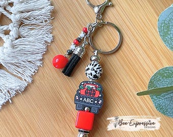 Handmade Silicone Truck Keychain: Red Plaid, Animal Print Bead, Apple Charm